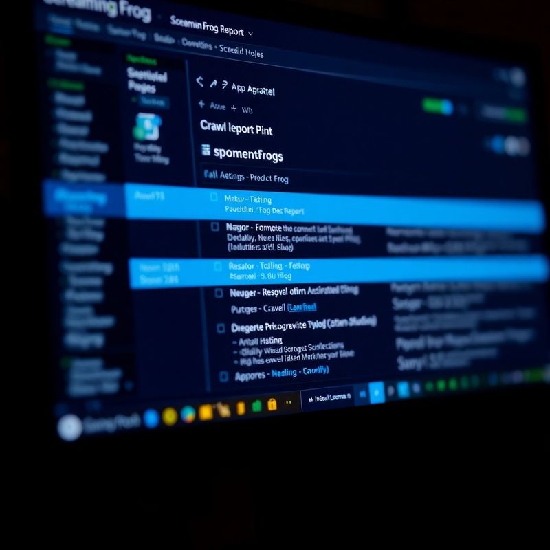 Monitor zobrazující výsledky crawlu v nástroji Screaming Frog s modrými zvýrazněními