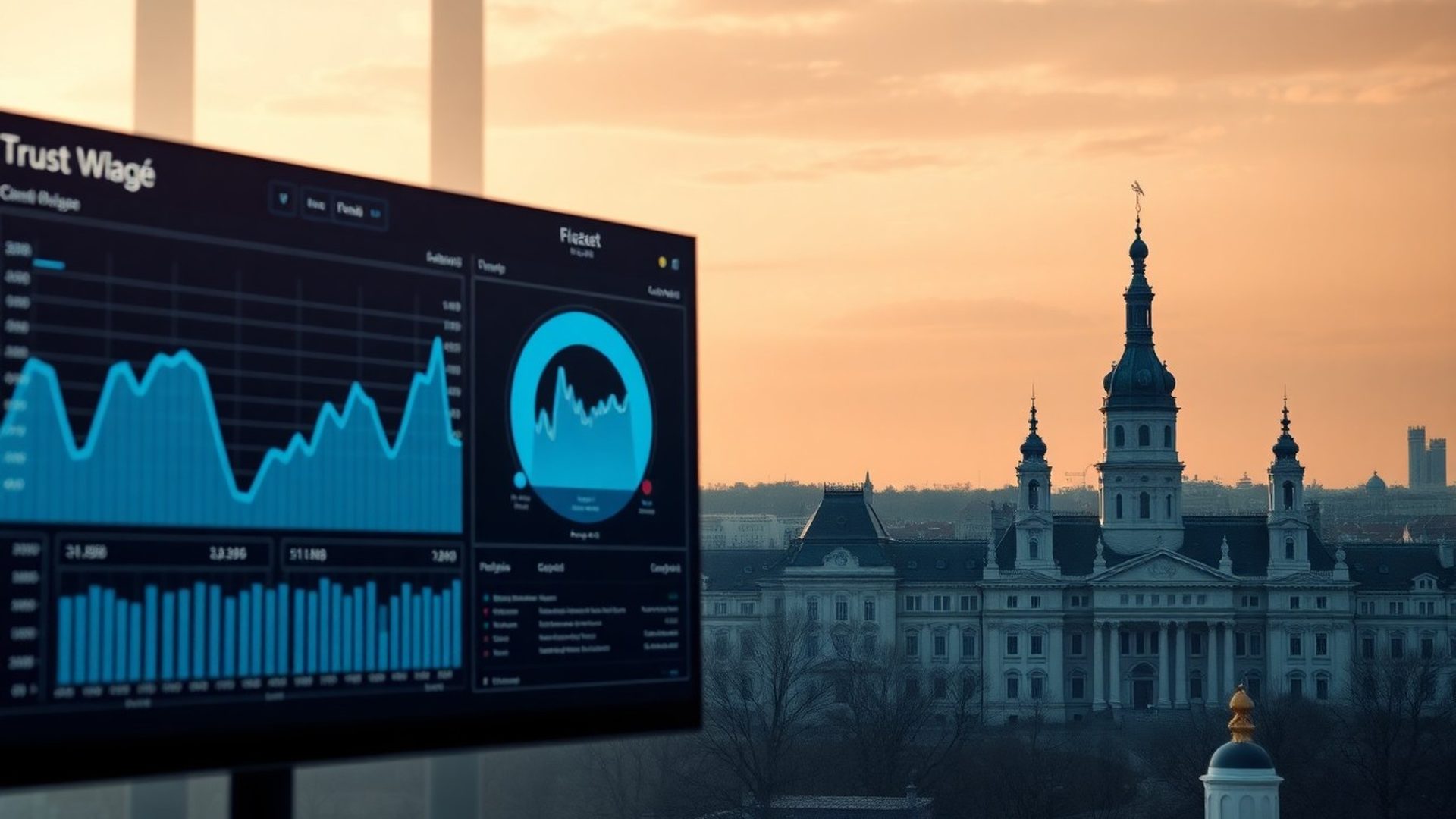 Datový dashboard s analýzou organického provozu na pozadí panoramatu Plzně