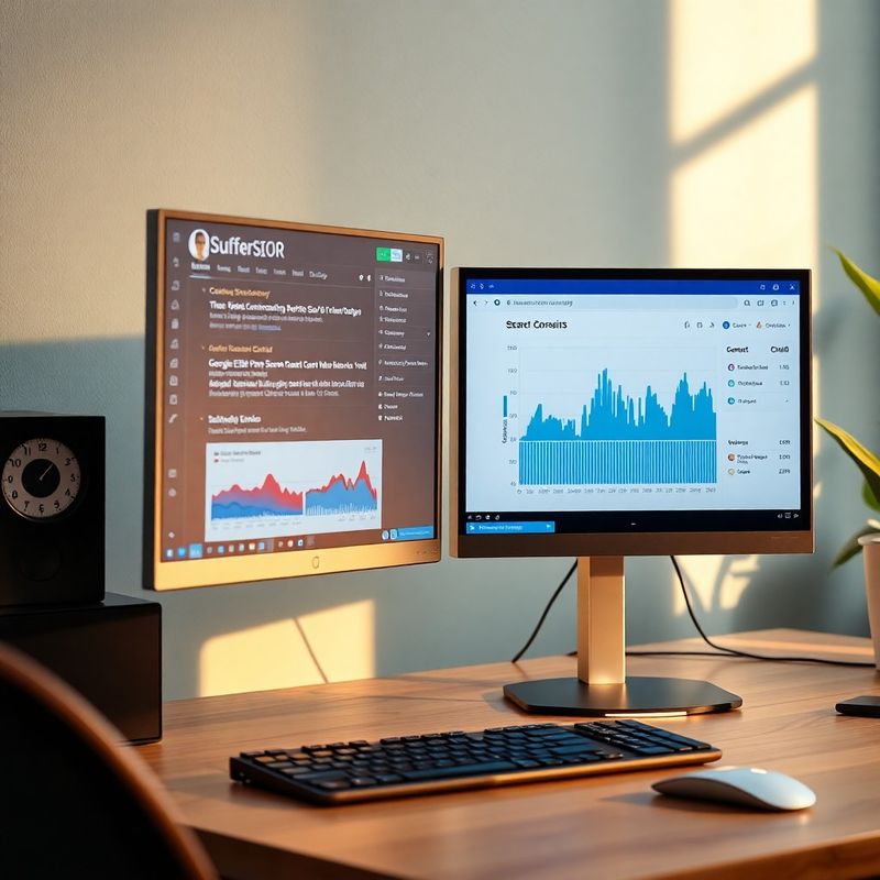 Dva monitory zobrazující Surfer SEO a Google Search Console