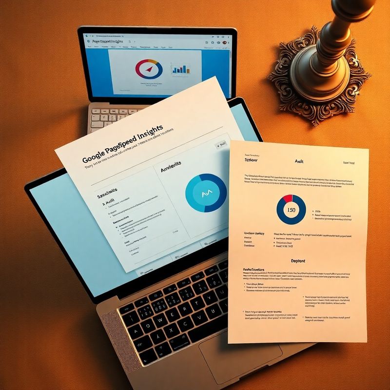Tištěný SEO audit vedle notebooku s Google PageSpeed Insights